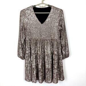 Cable & Gauge Rose Gold Sequin Mini Dress Babydoll Medium cocktail holiday